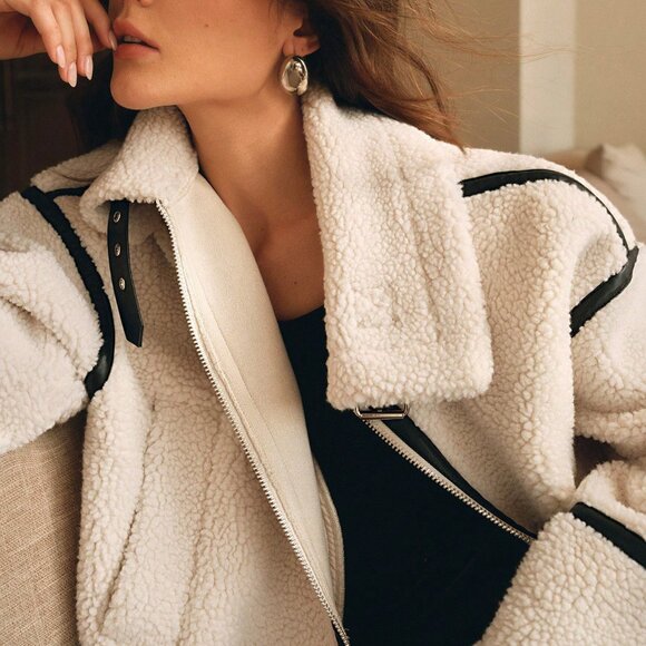 Beige Casual Women's Fleece Thick Faux Leather Patchwork Loose Short Jacket - Picture 7 of 10